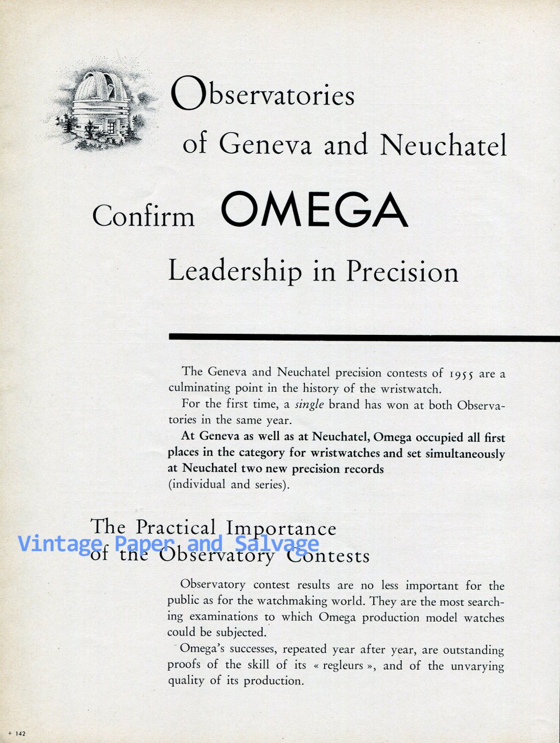 1956 Omega Watch Company Leadership in Precision Vintage 1950s Swiss Print Ad