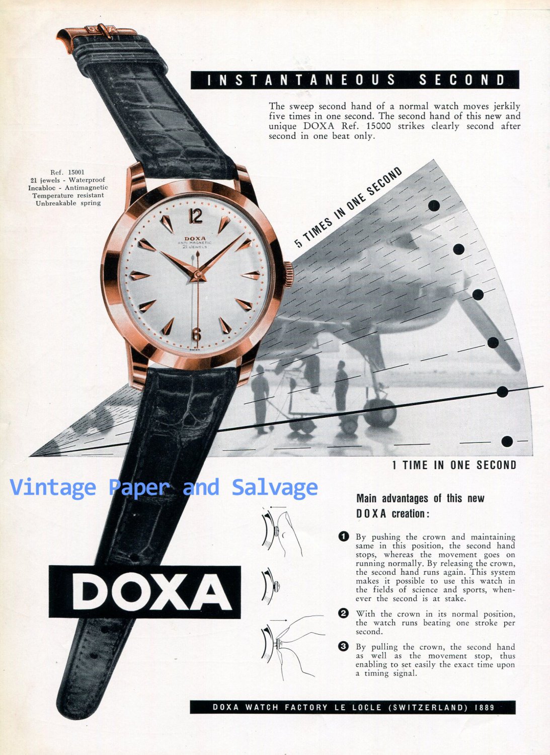 1956 Doxa Watch Company Instantaneous Second Vintage Swiss Print Ad Switzerland