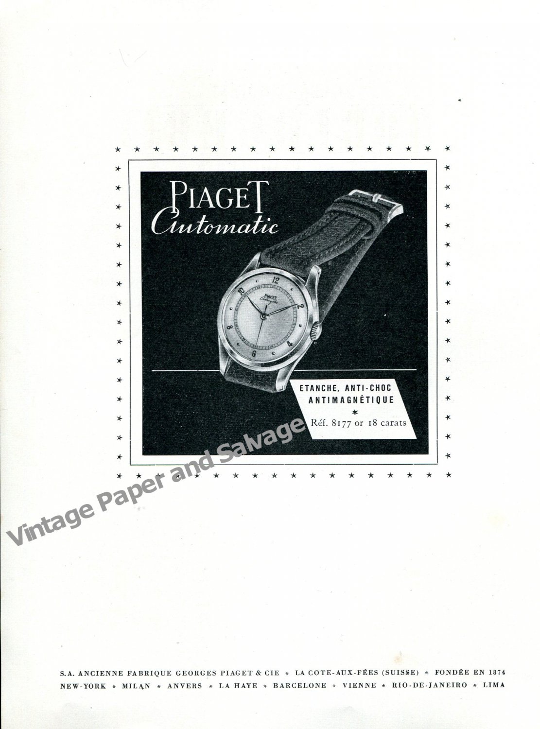 1948 Piaget Watch Company Georges Piaget & Cie La Cote-Aux-Fees Swiss Print Ad