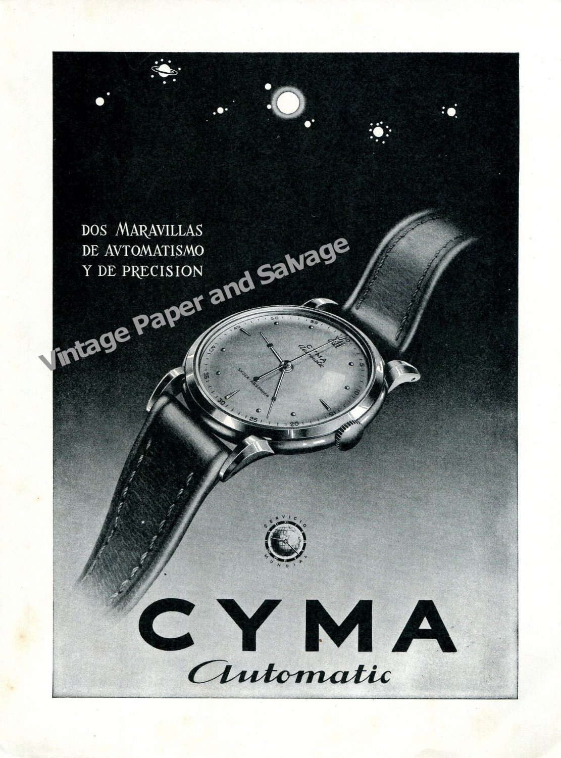 1948 Cyma Automatic Watch Advert Vintage 1940s Swiss Print Ad Switzerland Suisse
