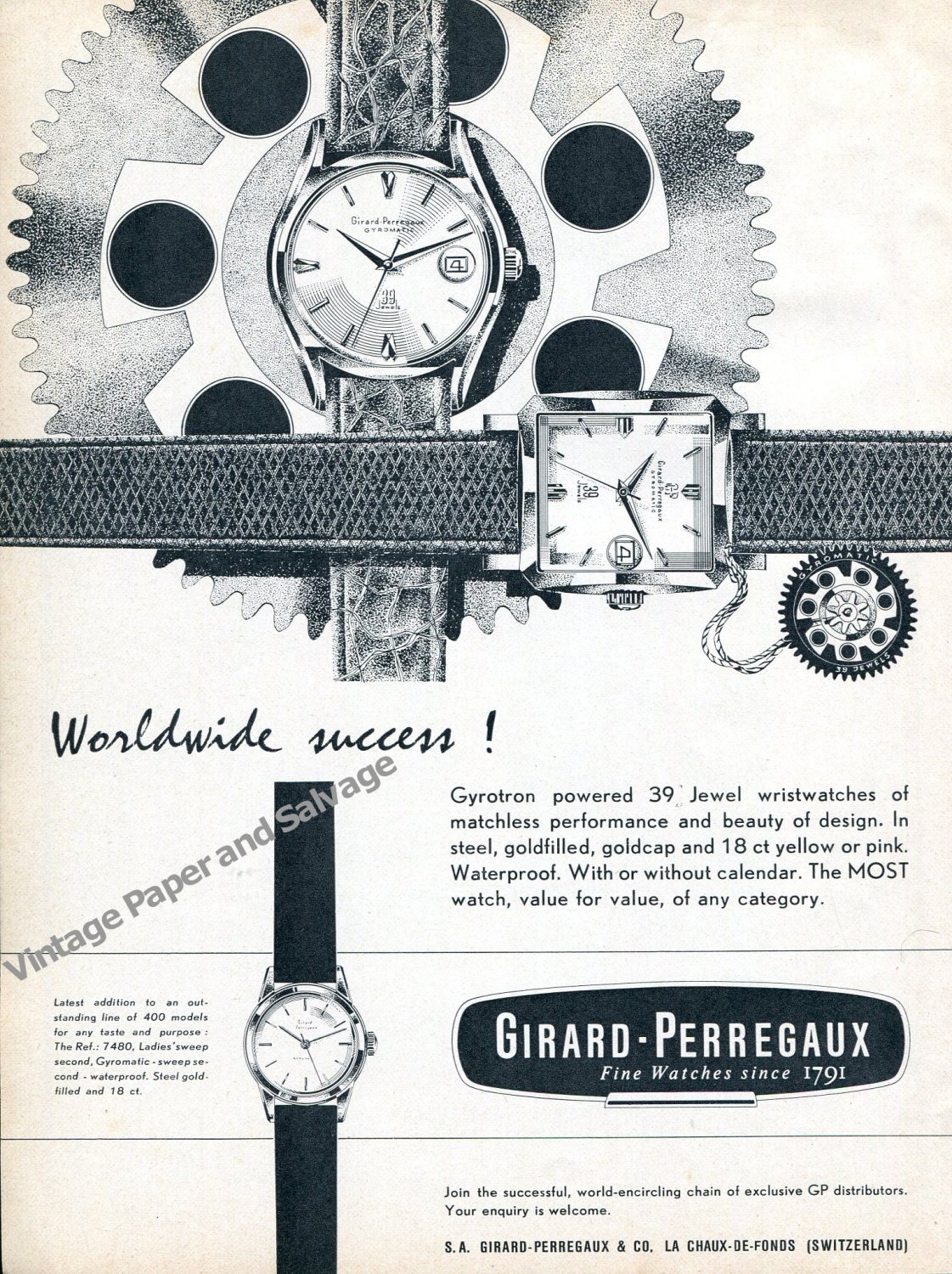 1959 Girard-Perregaux Gyrotron Gyromatic Watch Advert Vintage Swiss Print Ad