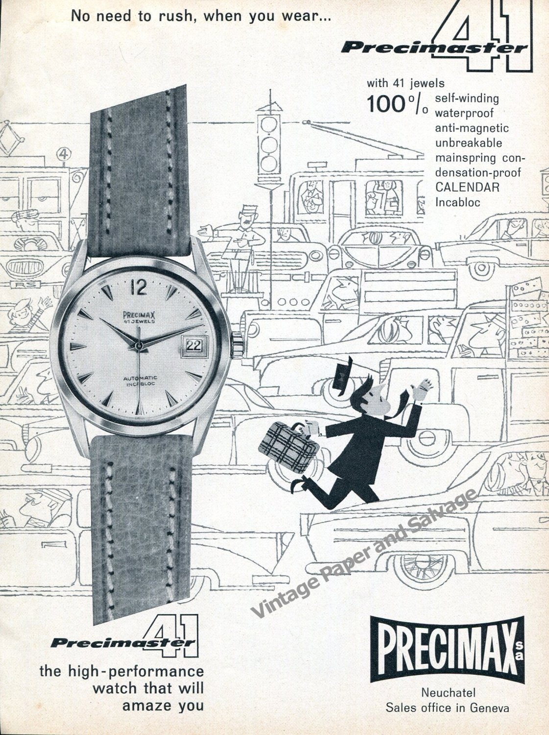 1959 Precimax Precimaster 41 Watch Advert Vintage Swiss Print Ad Switzerland