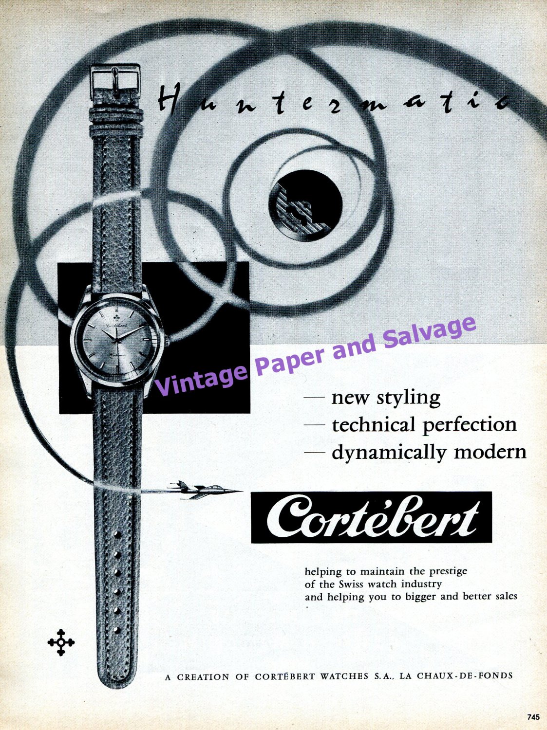 1960 Cortebert Huntermatic Watch Advert Vintage 1960 Swiss Print Ad Switzerland