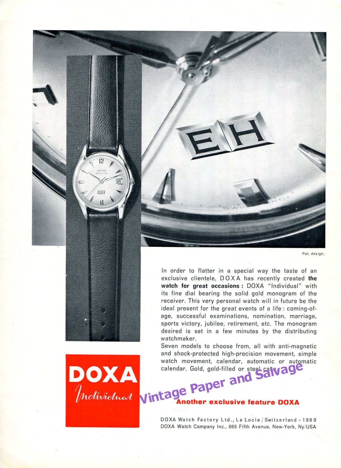 1960 Doxa Individual Watch Advert Swiss Print Ad Suisse Switzerland Schweiz