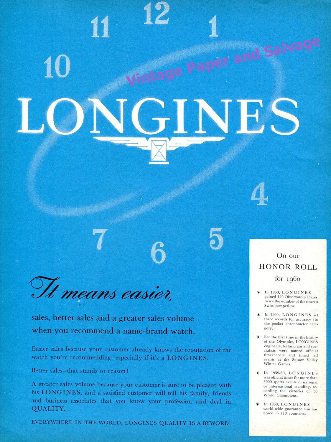 1960 Longines Watch Company On Our Honor Roll for 1960 Swiss Print Ad Suisse