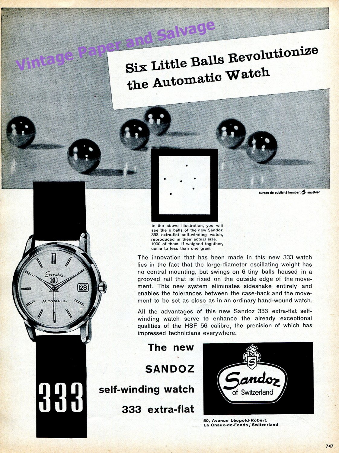 1960 Sandoz 333 Watch Advert Revolutionize the Automatic Watch Swiss Print Ad