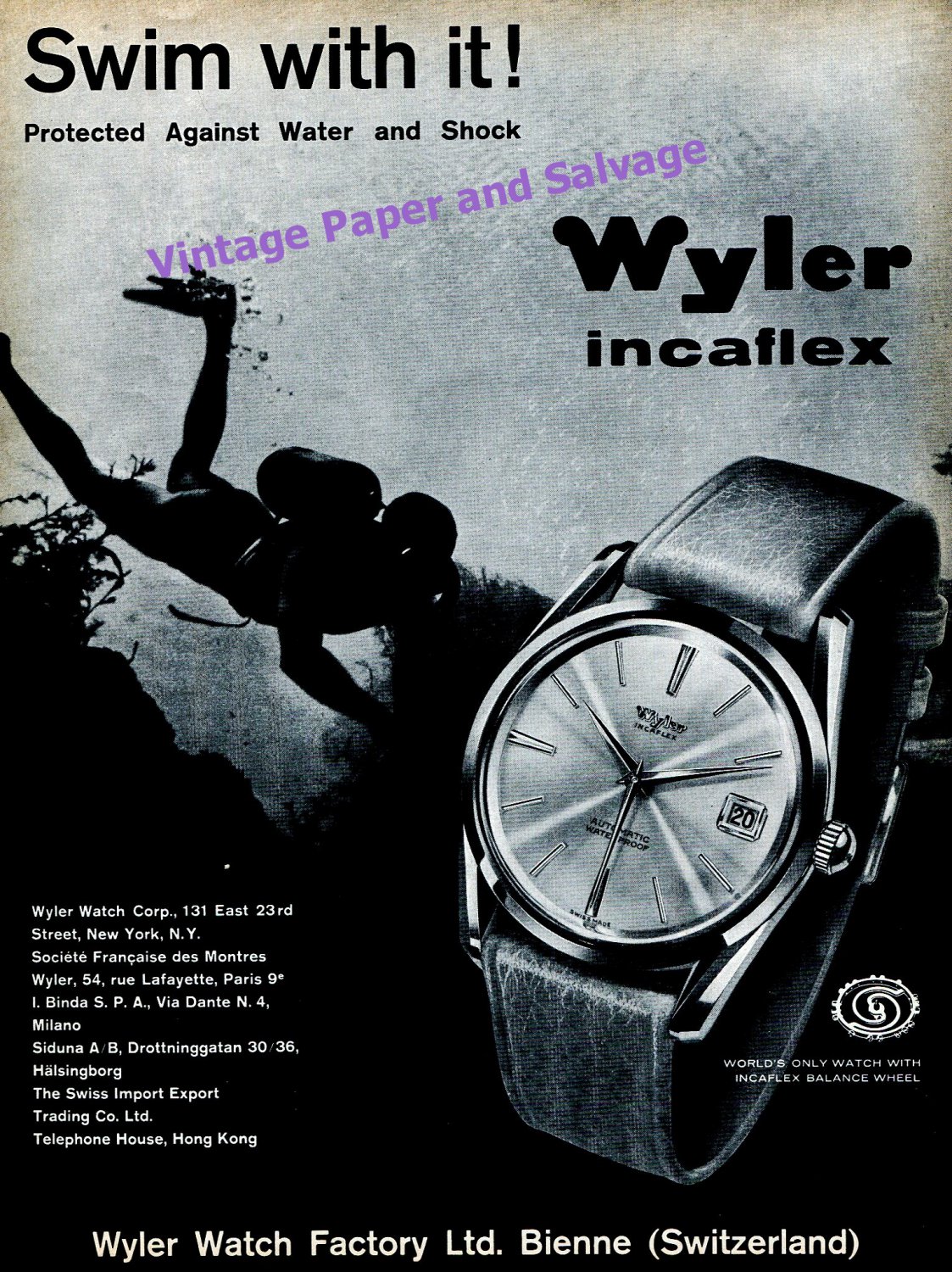 1960 Wyler Incaflex Watch Advert Swim With It Vintage Swiss Print Ad Switzerland