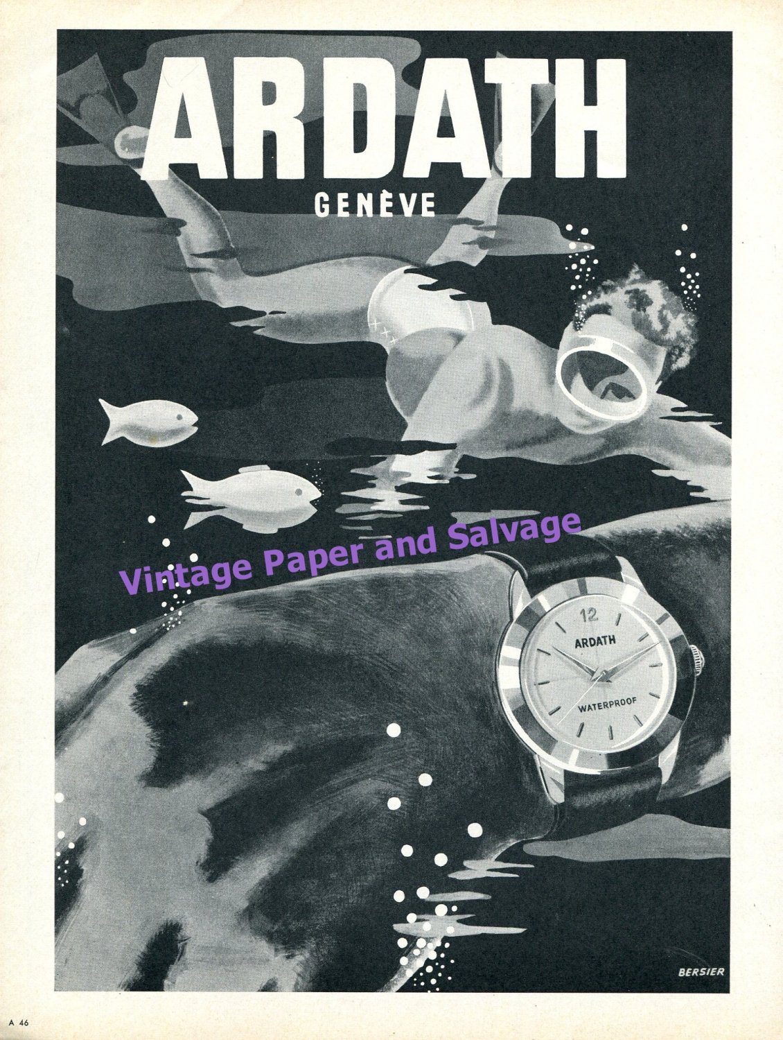1957 Ardath Waterproof Watch Advert Under Water Swimming Vintage Swiss Print Ad
