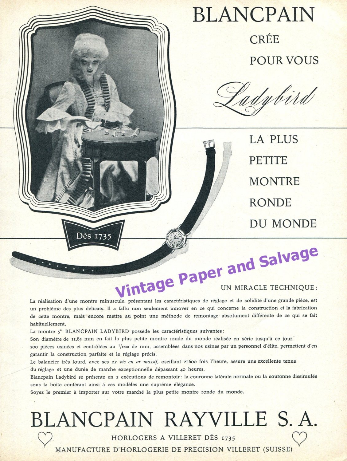 1957 Blancpain Rayville SA Blancpain Ladybird Watch Advert Vintage Swiss Ad