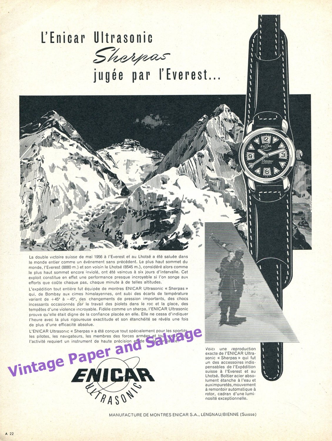 1957 Enicar Watch Company Sherpas Mount Everest Mt Lhotse Expeditions Swiss Print Ad Advert