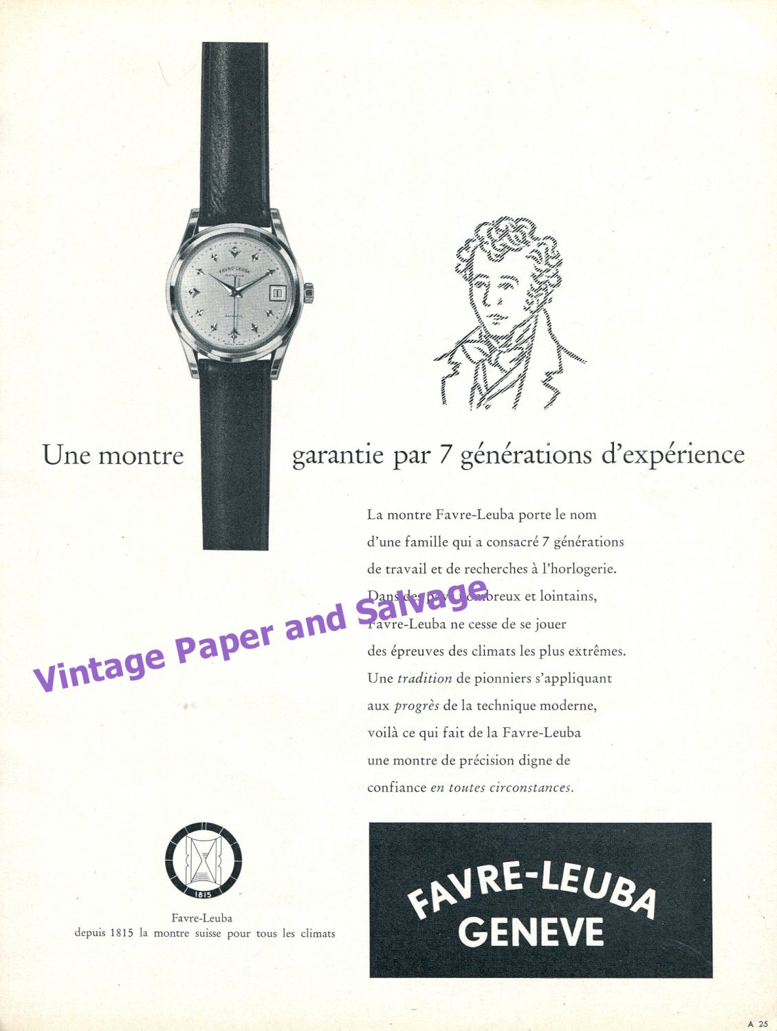 1957 Favre-Leuba Watch Company 7 Generations of Experience 1950 Swiss Print Ad
