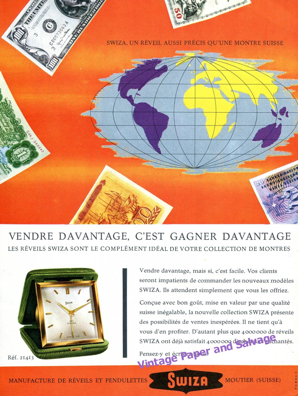 1957 Swiza Clock Company Switzerland Swiss Print Ad Reveils et Pendulettes Publicite