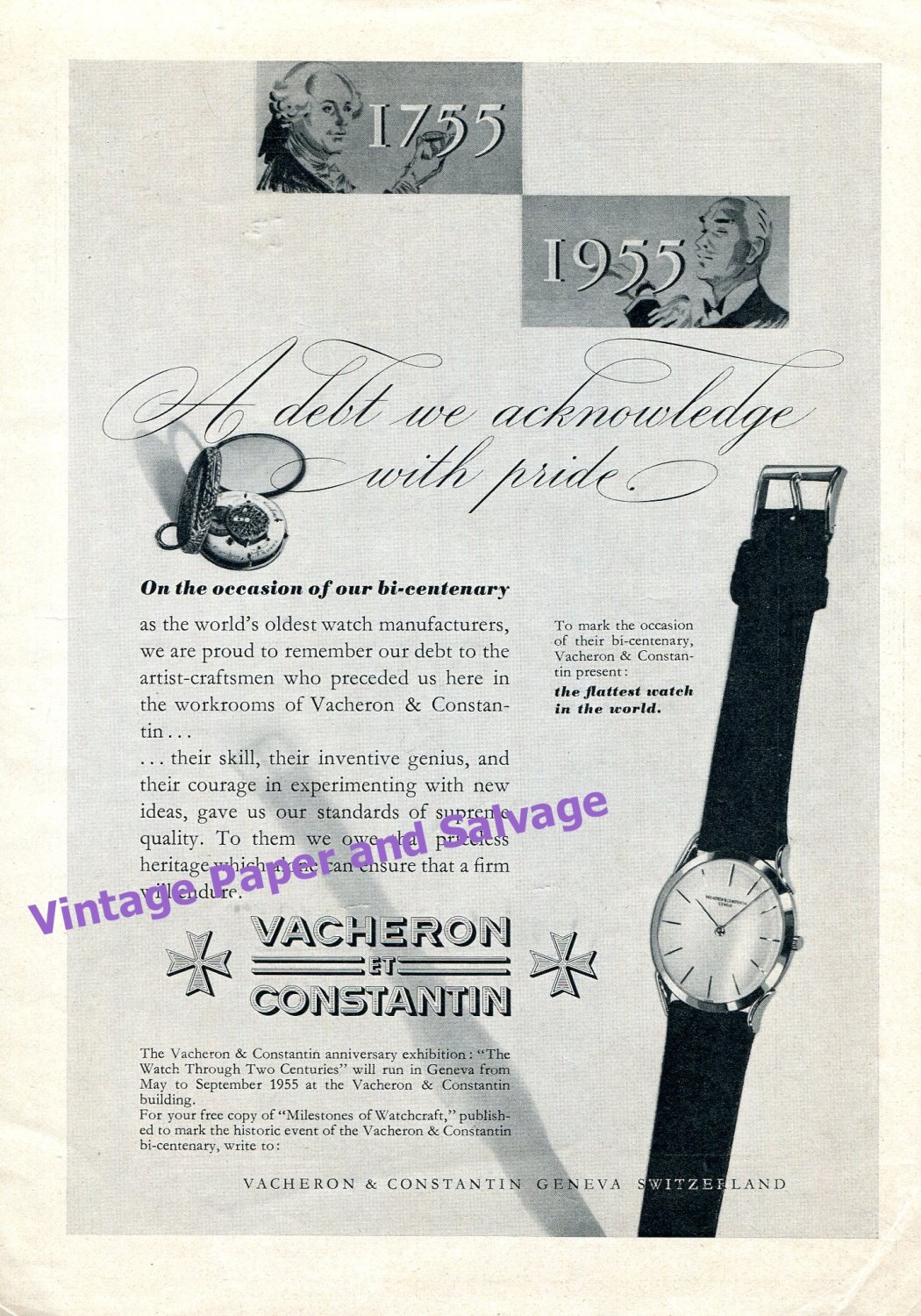 1955 Vacheron & Constantin 200 Year Anniversary Vintage Swiss Print Ad Suisse