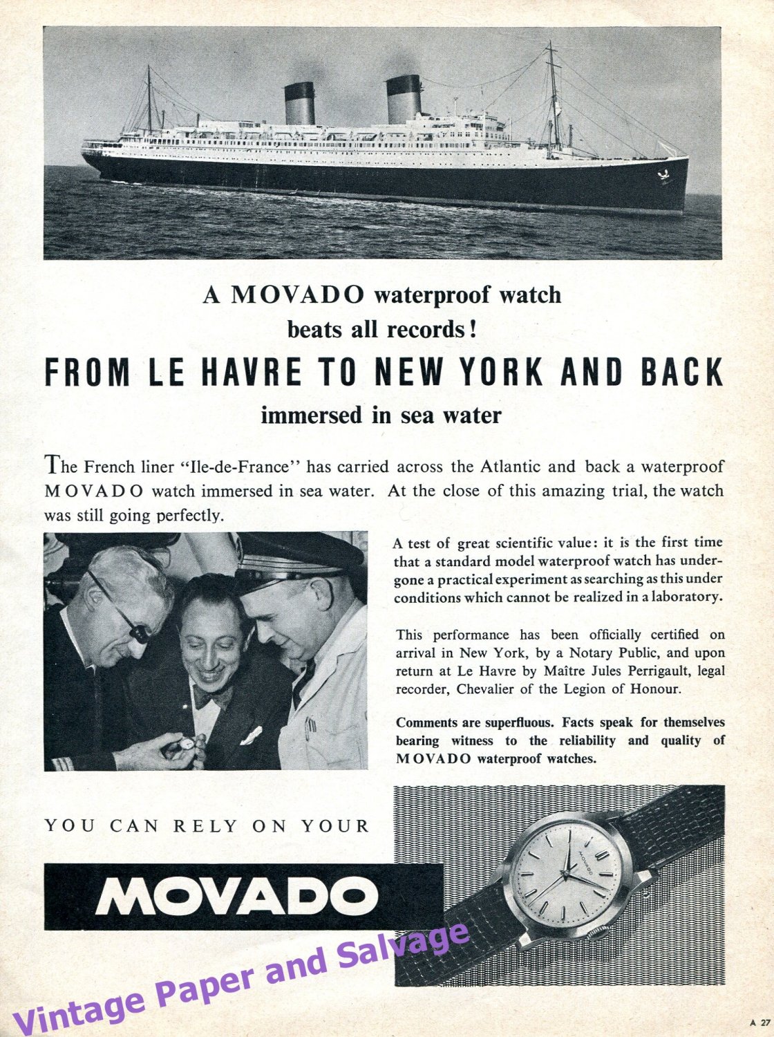 1955 Movado Waterproof Watch Advert From Le Havre to New York and Back Swiss Ad