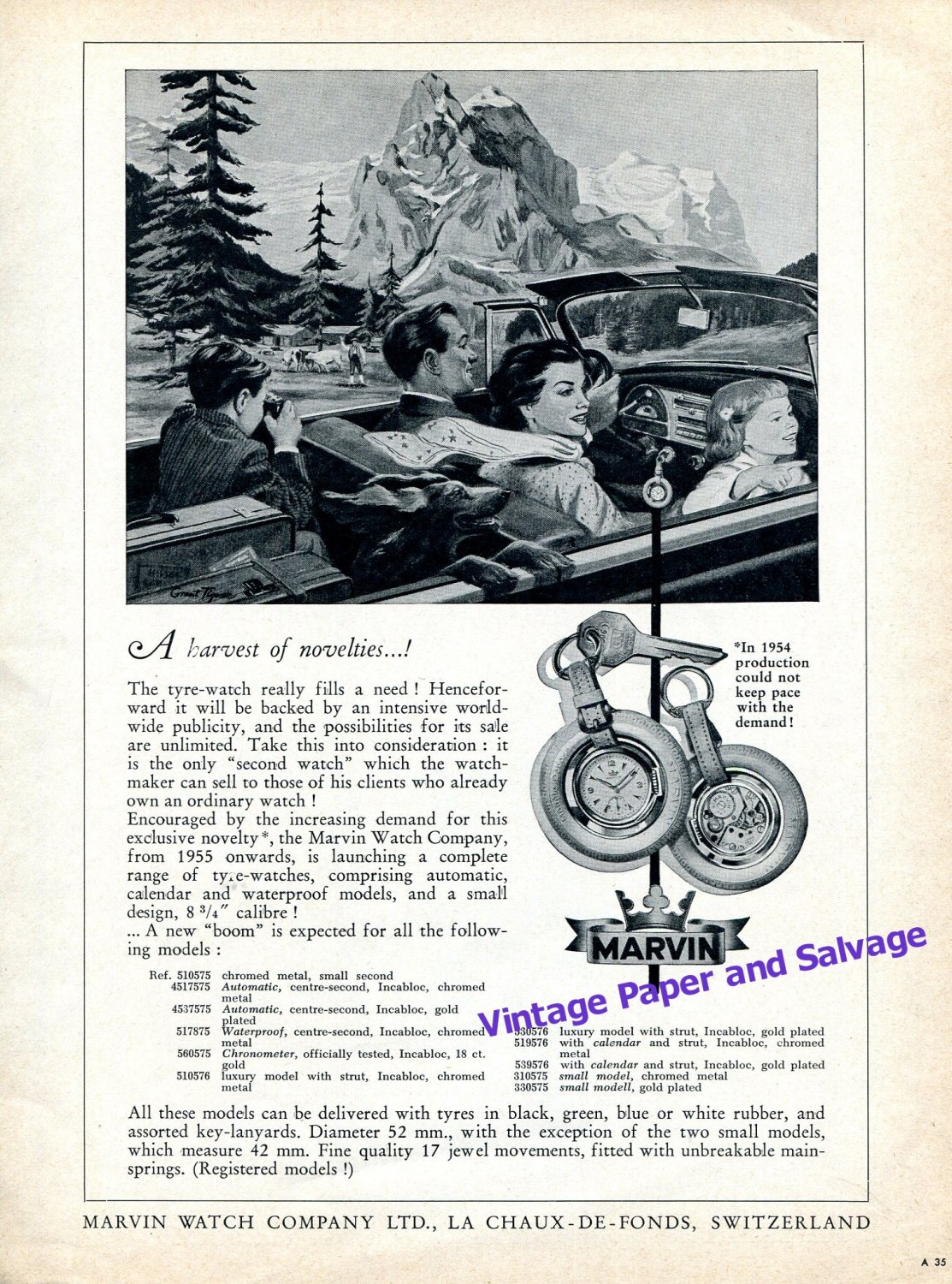 1955 Marvin Watch Company Marvin Tyre Watch Advert Vintage 1950s Swiss Print Ad