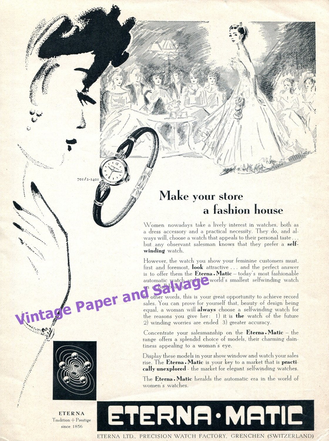1955 Eterna Matic Watch Advert Make Your Store a Fashion House Vintage Swiss Print Ad