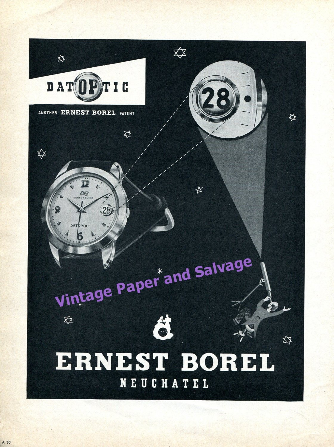 1955 Ernest Borel Datoptic Watch Advert Vintage 1950s Swiss Print Ad Switzerland