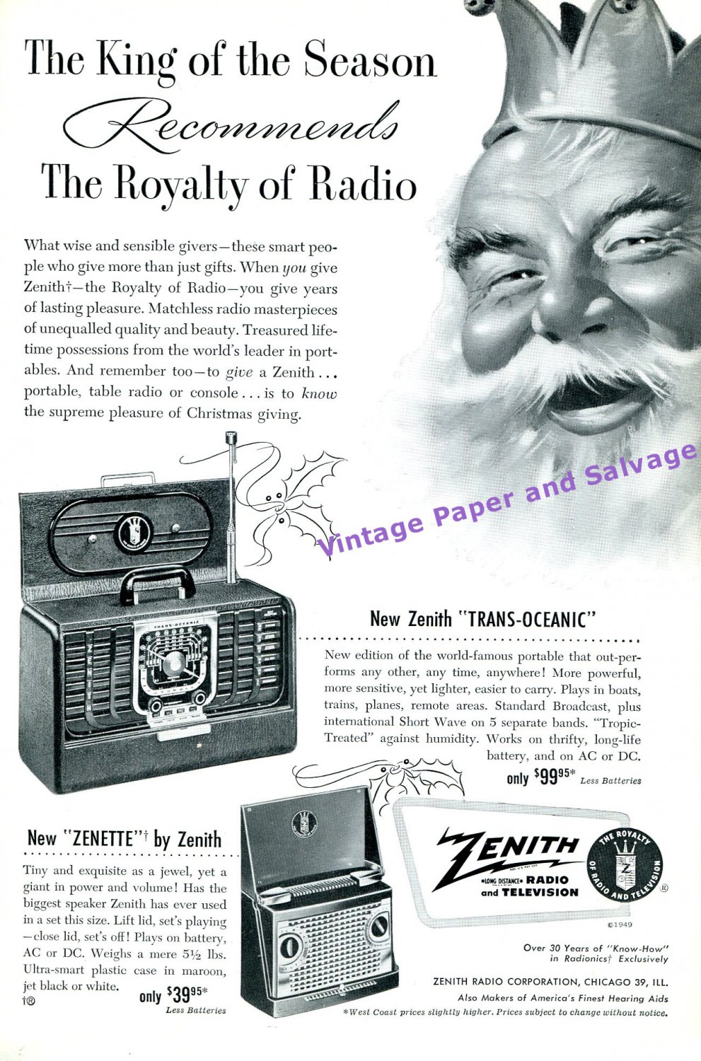 1949 Zenith Trans-Oceanic Radio 1940s Print Ad Advertisement Zenith Zenette