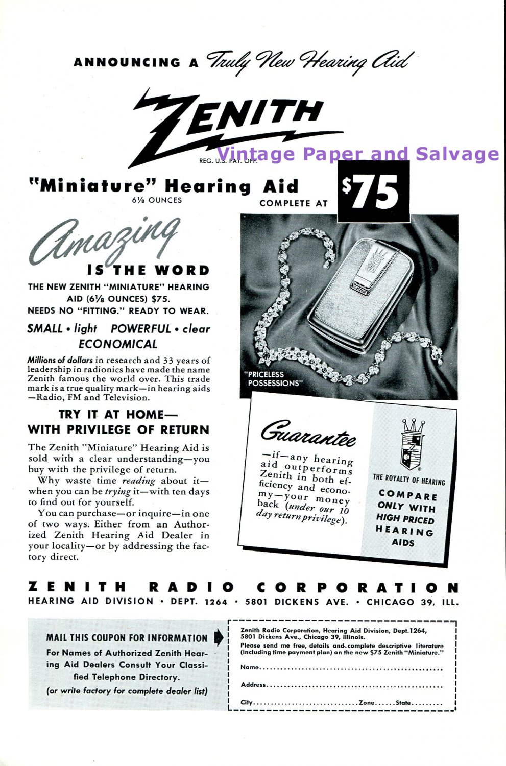 1949 Zenith Radio Corporation Miniature Hearing Aid Print Ad Advertisement 1940s