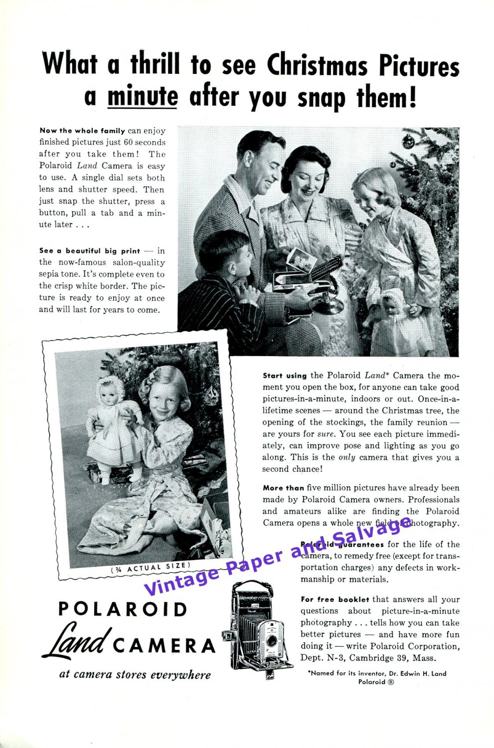 1949 Polaroid Land Camera Print Ad Christmas Pictures a Minute After You Snap Them Advertisement