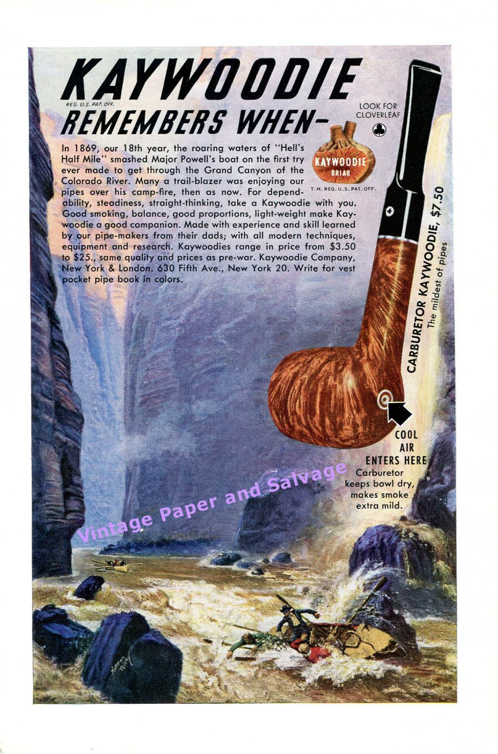 1949 Kaywoodie Pipe Company Major Powell Grand Canyon Colorado River 1940s Print Ad