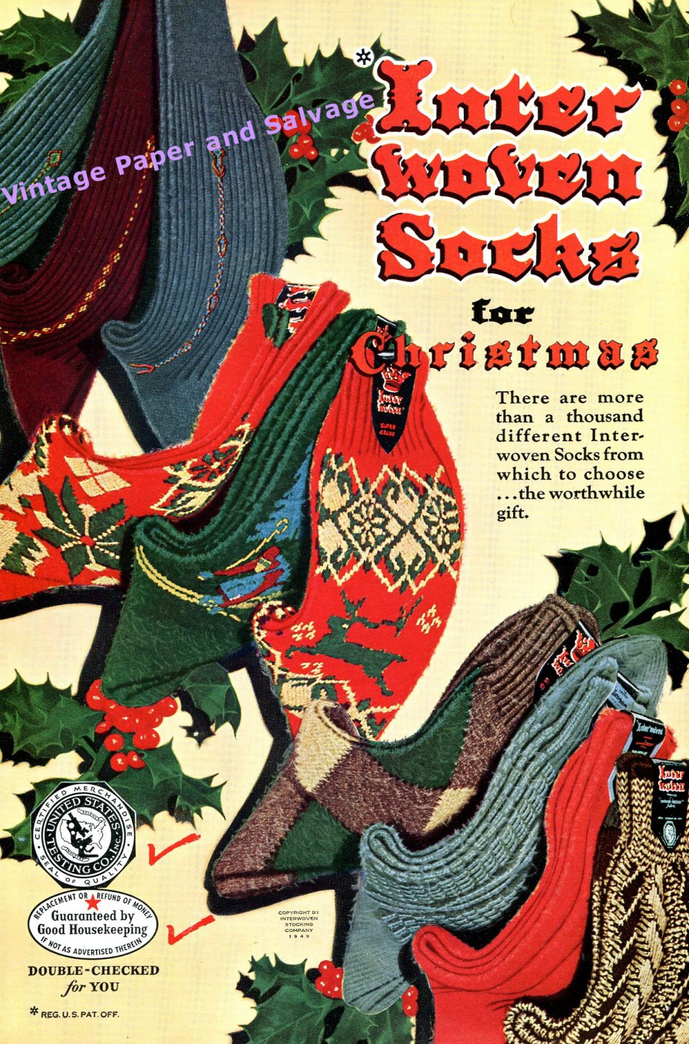 1949 Interwoven Stocking Co. Socks for Christmas 1940s Print Ad Advertisement