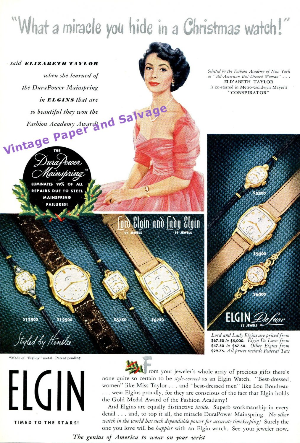 1949 Elizabeth Taylor Elgin Watch Company Durapower Mainspring 1940s Print Ad