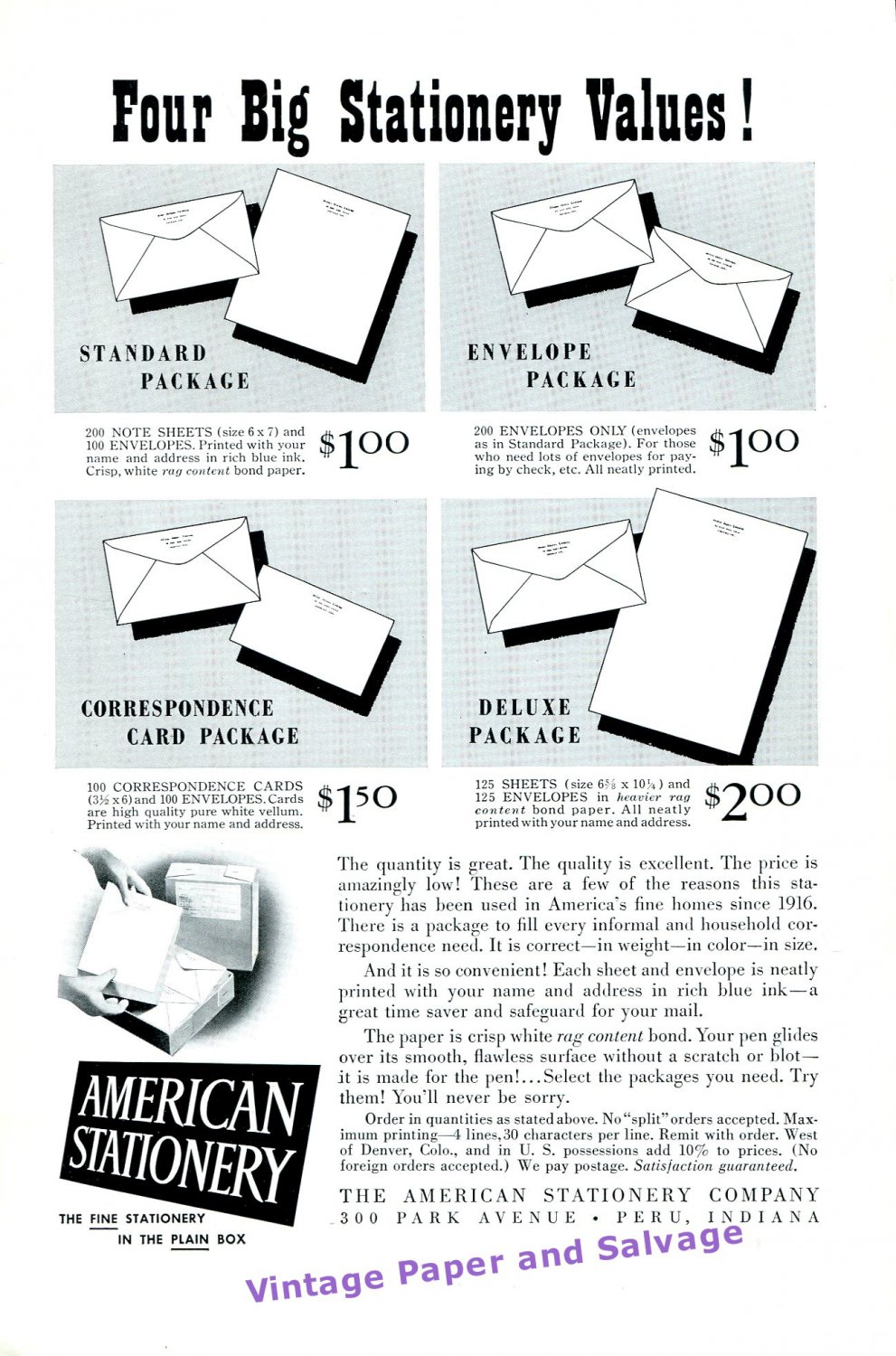1949 American Stationery Company Peru Indiana 1940s Print Ad Advertisement