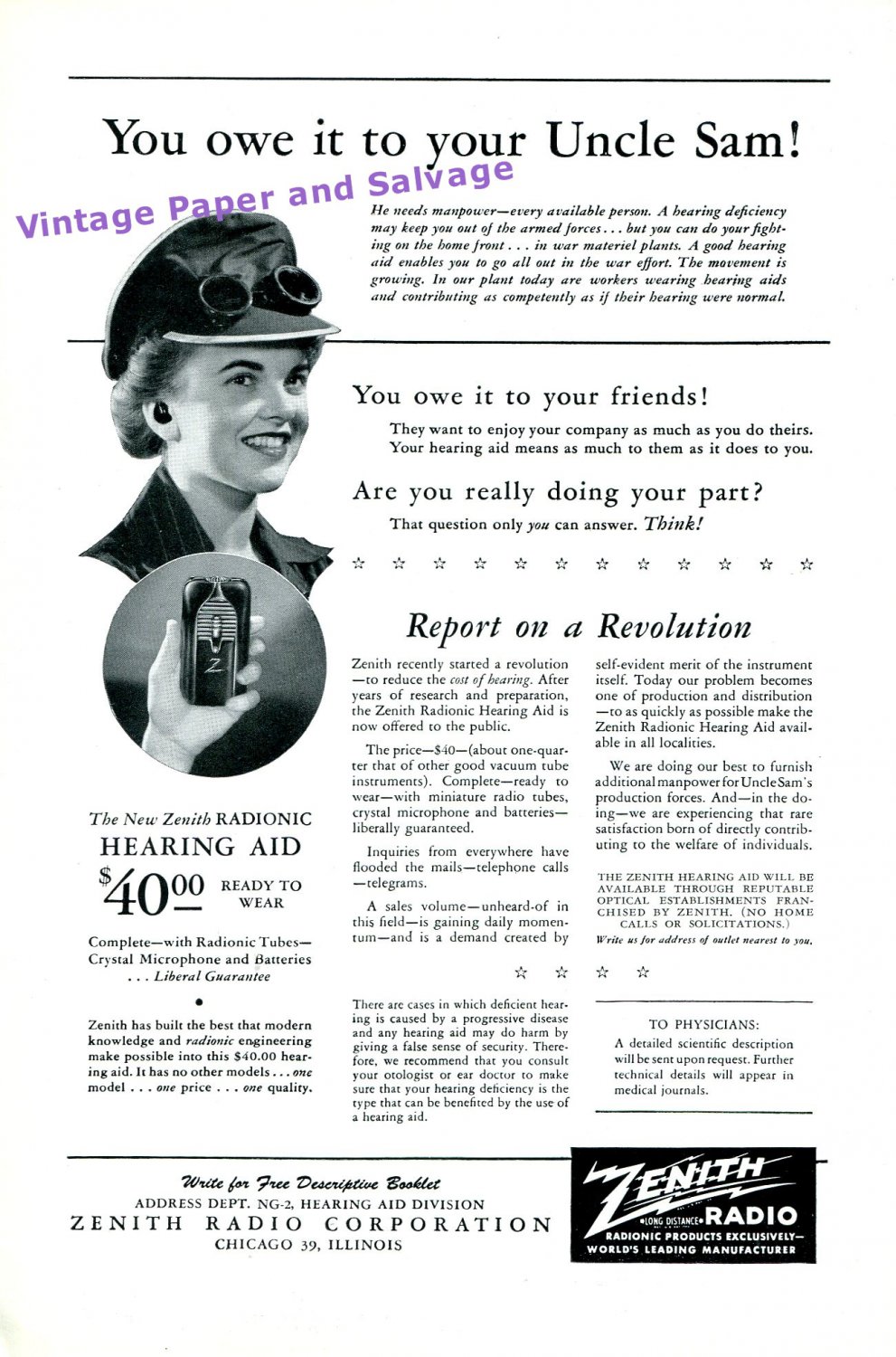 1944 Zenith Radio Corporation Hearing Aid You Owe It to Uncle Sam 1940s Print Ad
