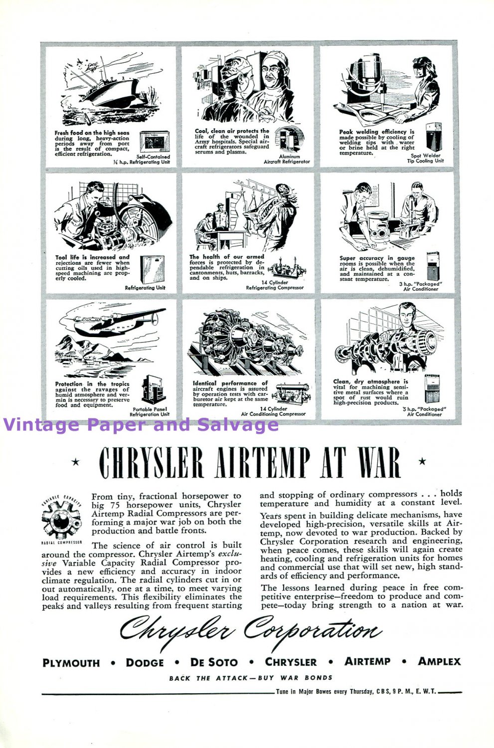 1944 Chrysler Airtemp at War WWII WW2 Chrysler Corporation 1940s Print Ad