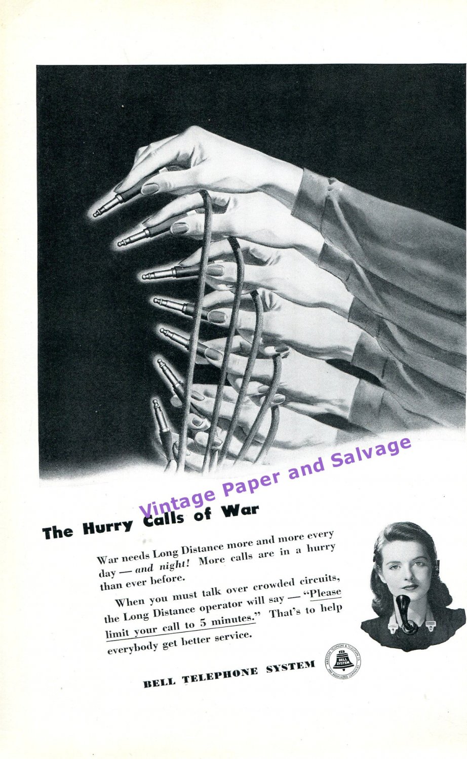 1944 Bell Telephone The Hurry Calls of War WWII WW2 World War 2 Vintage 1940s Print Ad