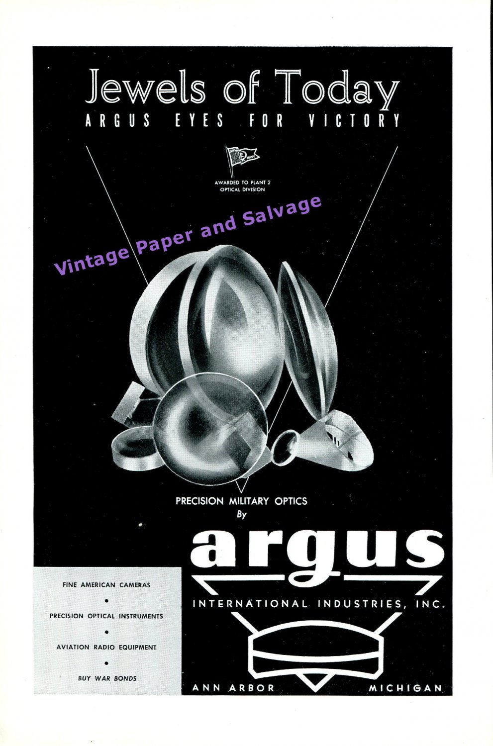 1944 Argus Precision Military Optics Argus Eyes for Victory WWII WW2 1940s Print Ad