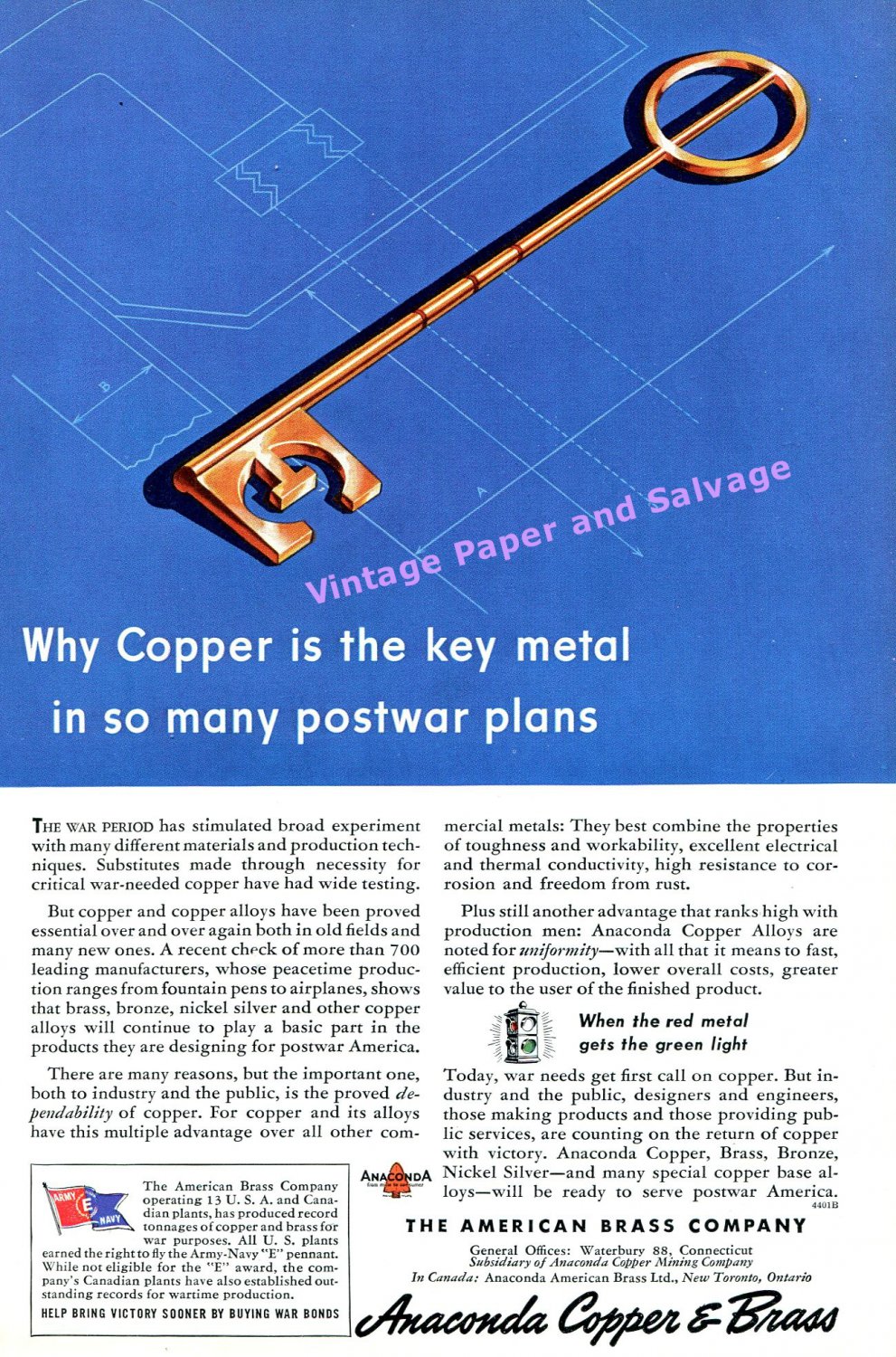 1944 Anaconda Copper & Brass Copper Is The Key to Postwar Plans WWII WW2 1940s Print Ad