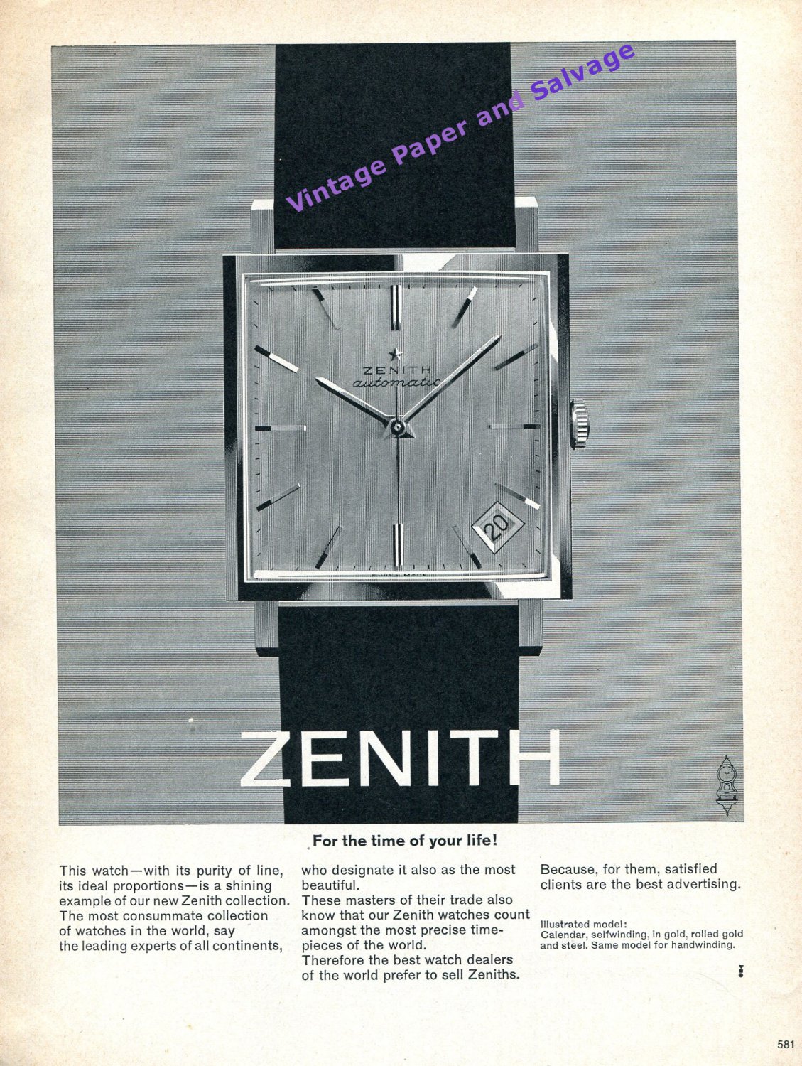 1964 Zenith Automatic Watch Advert For the Time of Your Life Swiss Print Ad