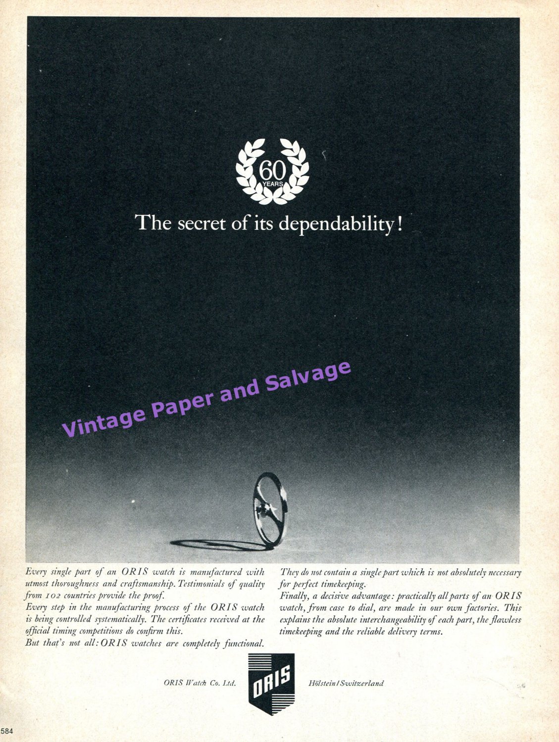 1964 Oris Watch Company The Secret of its Dependability 60 Years Swiss Print Ad