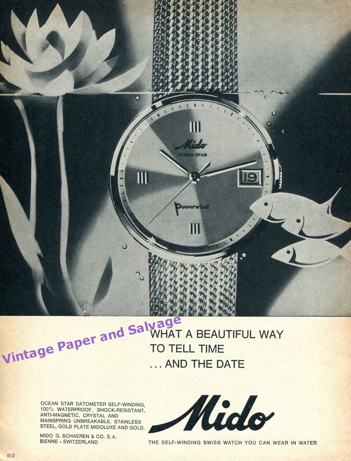 1964 Mido Ocean Star Powerwind Watch Advert Vintage 1960s Swiss Print Ad Suisse