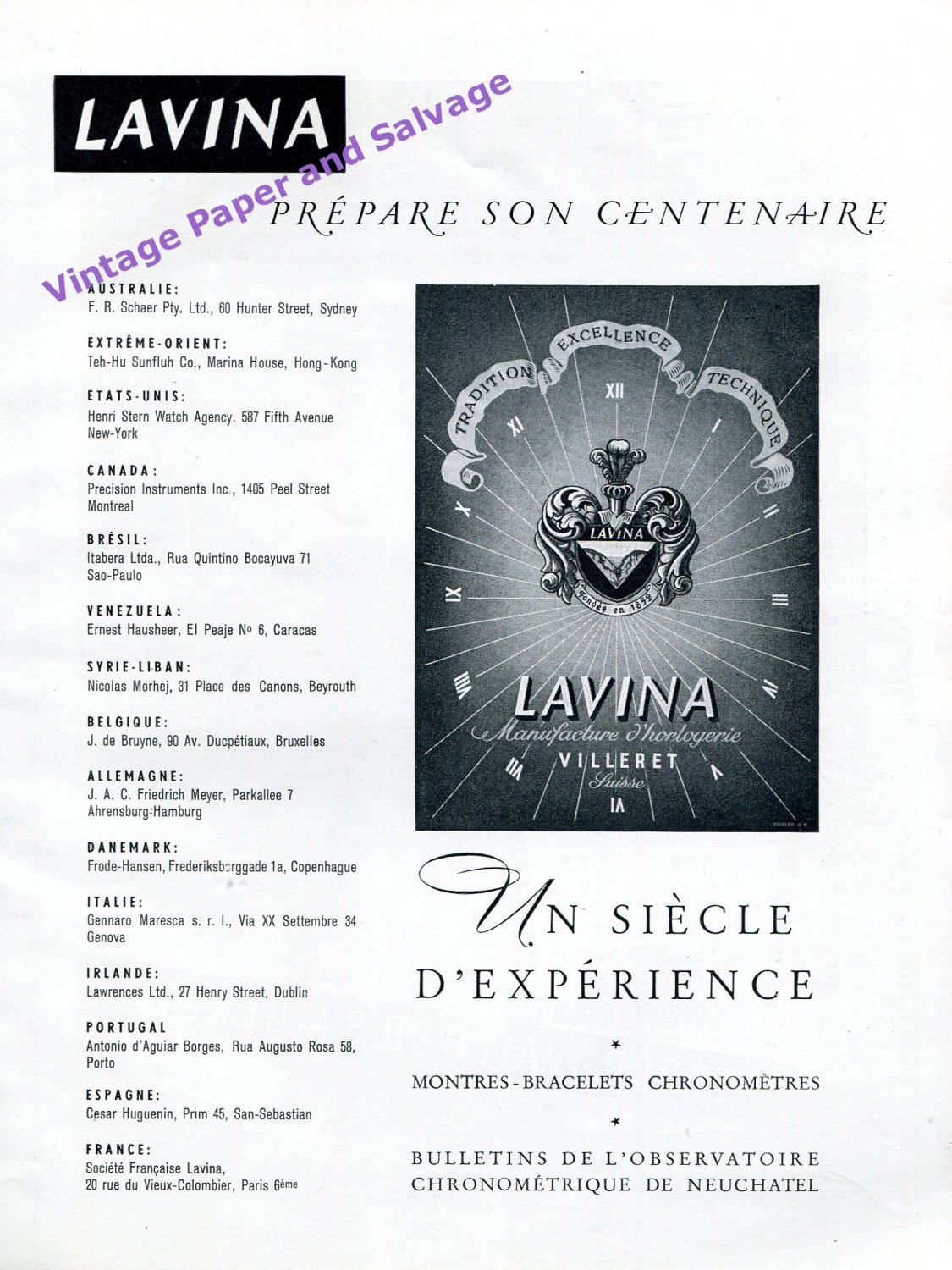 1951 Lavina Manufacture d'Horlogerie Un Siecle d'Experience 1950s Swiss Print Ad