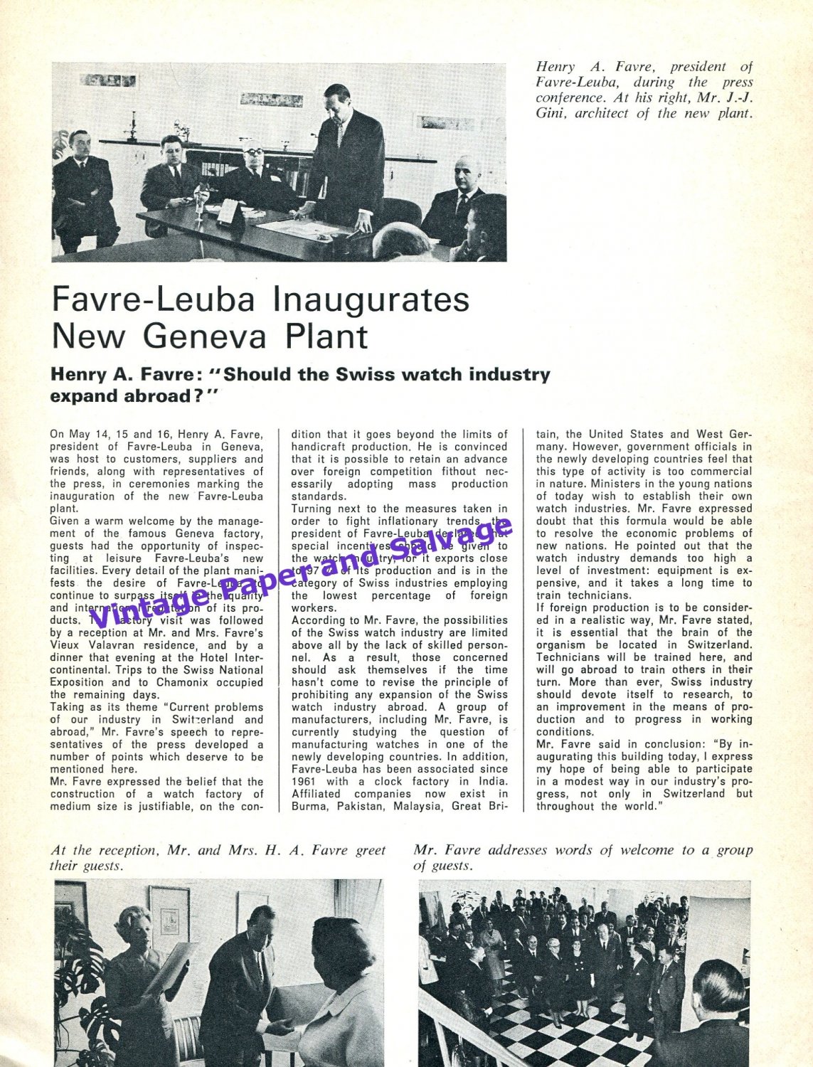 1964 Favre-Leuba Watch Company Henry A. Favre New Geneva Factory Switzerland