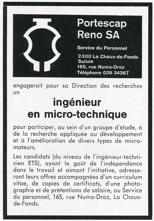 Portescap Reno SA Switzerland Vintage 1969 Employment Advert Swiss Ad Horology