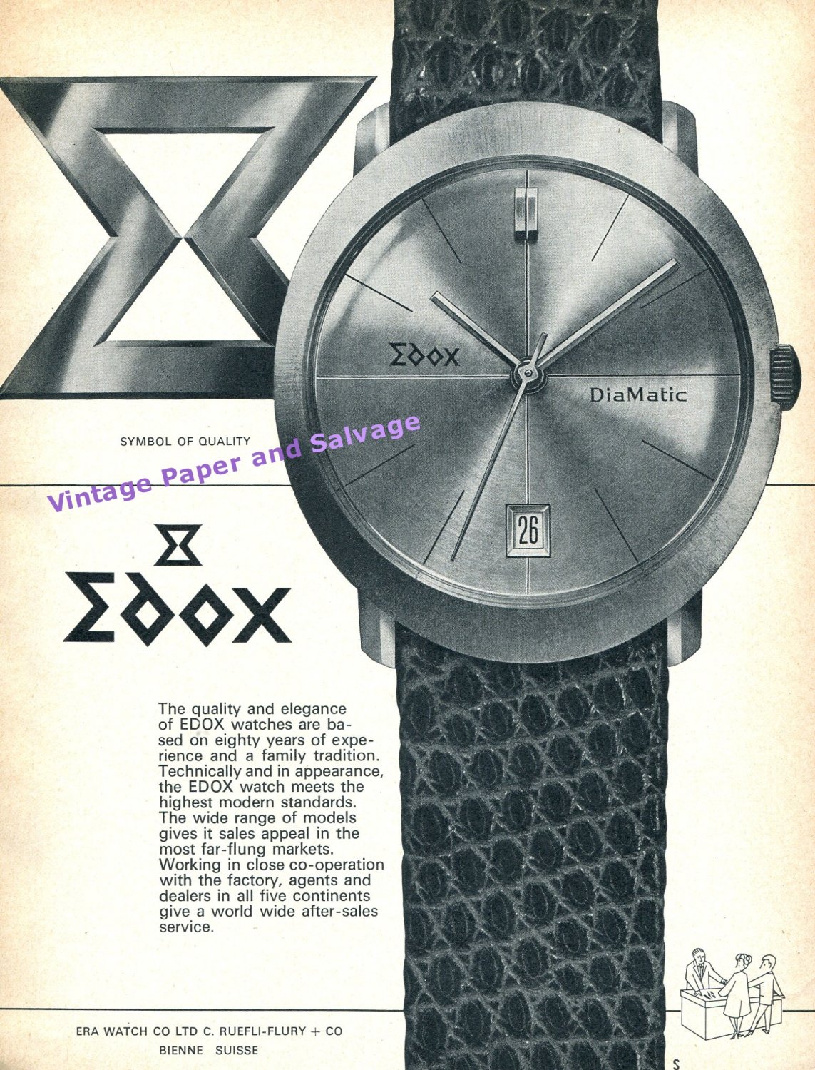 1964 Edox Diamatic Watch Advert Era Watch Company Switzerland 1960s Swiss Ad