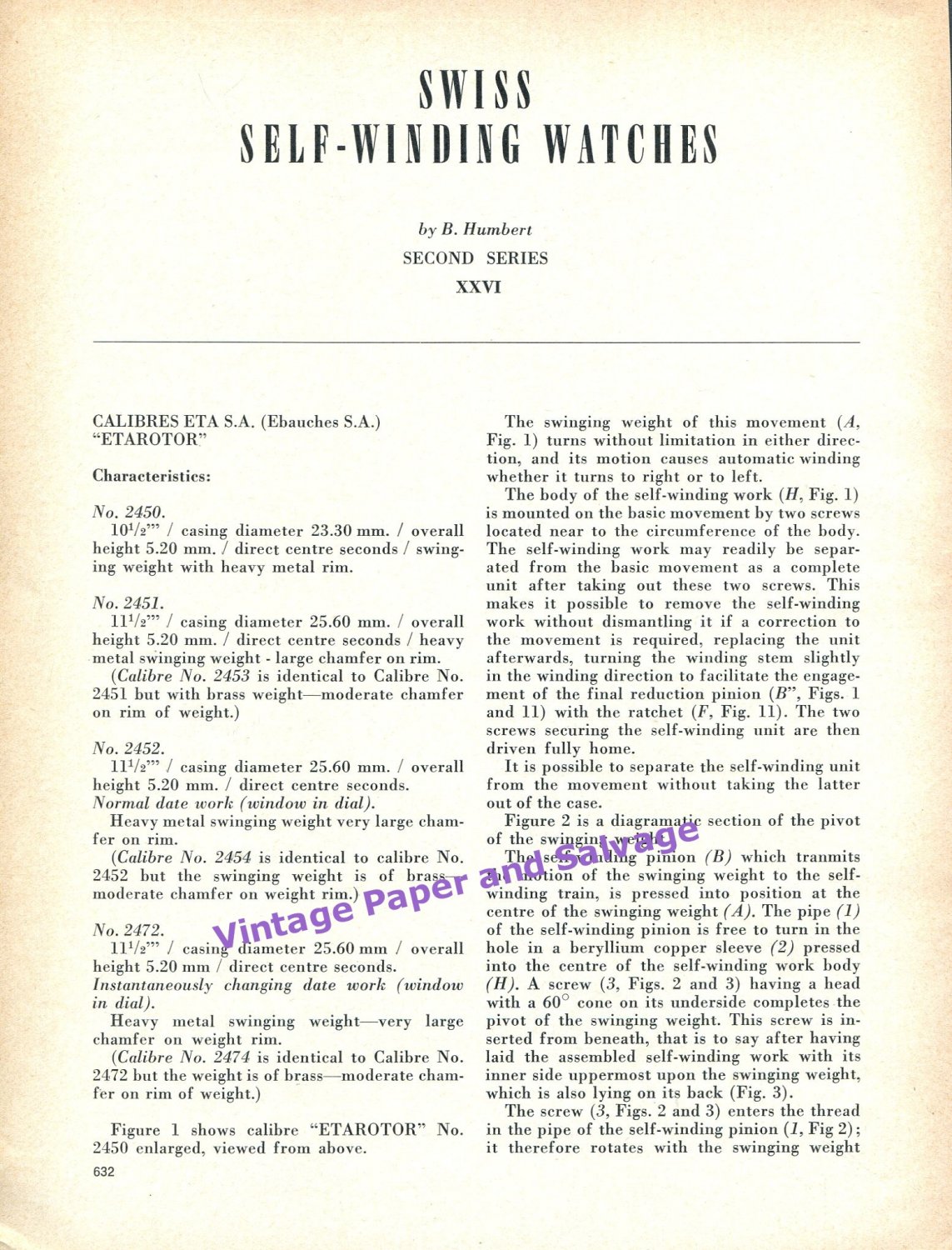 1964 Eta Watch Company Etarotor Watch Assembly Lubrication Information Ebauches