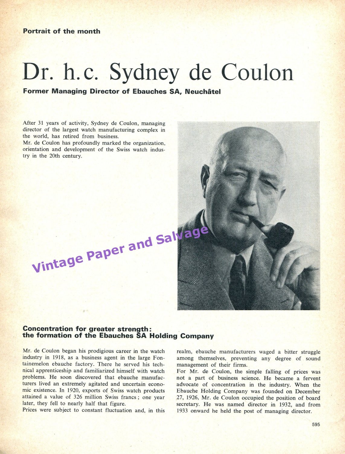 Sydney de Coulon Ebauches Fontainemelon Switzerland 1964 Portrait of the Month