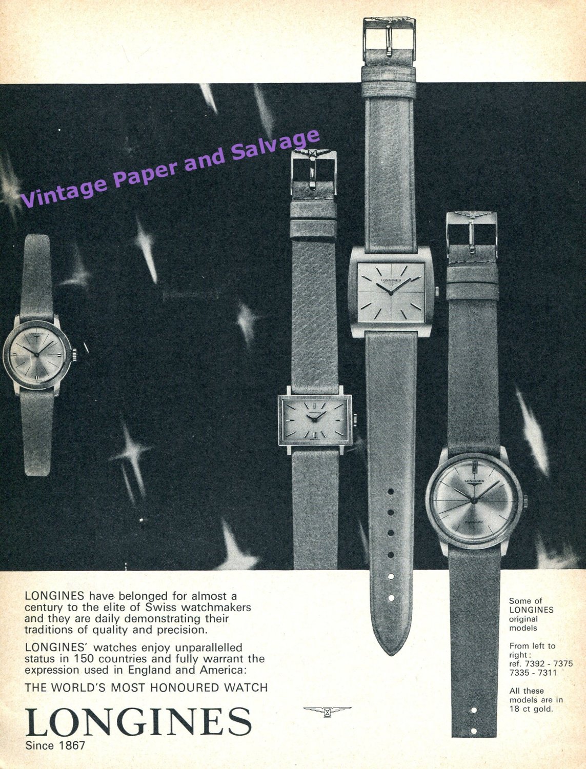 1964 Longines Watch Co The World's Most Honored Watch Vintage Swiss Print Ad