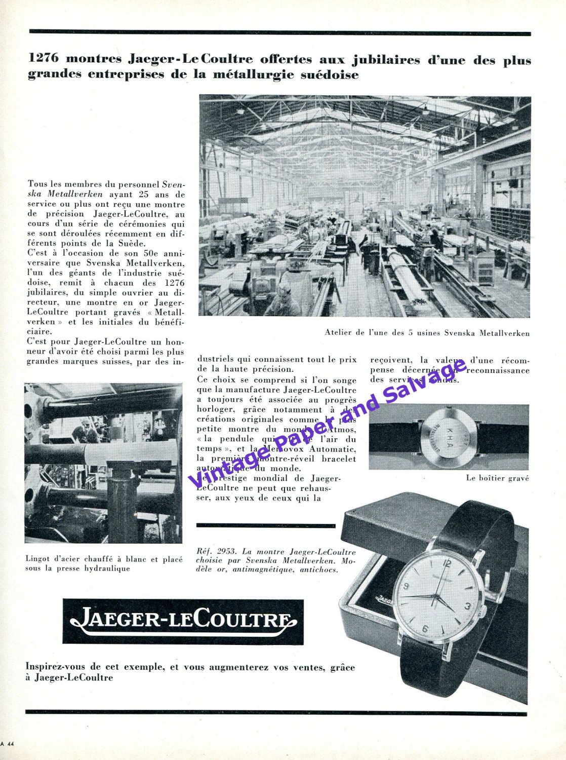 1957 Jaeger LeCoultre Switzerland Svenska Metallverken Vintage Swiss Print Ad