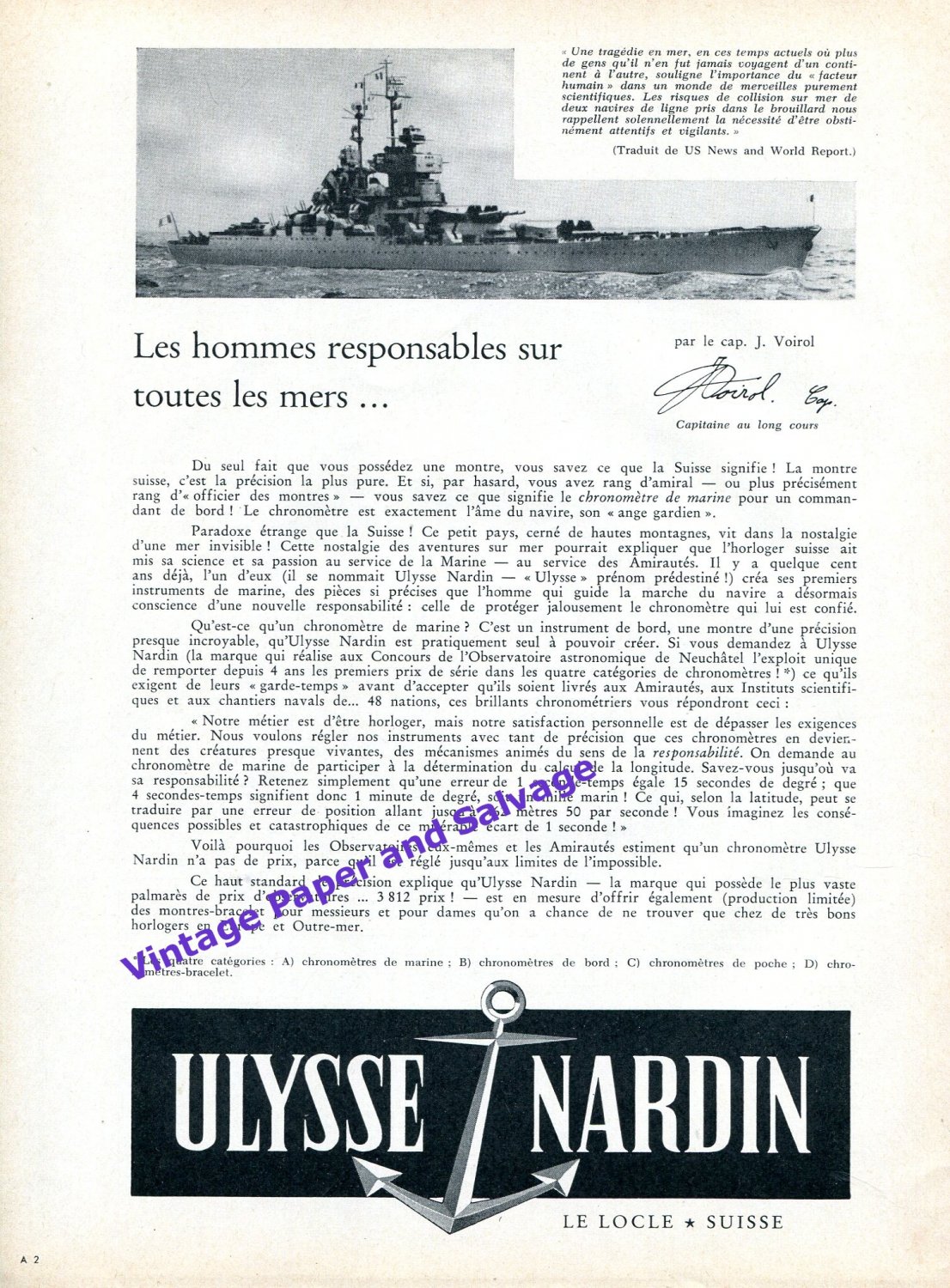 1957 Ulysse Nardin Watch Company Chronometre de Marine Vintage Swiss Print Ad