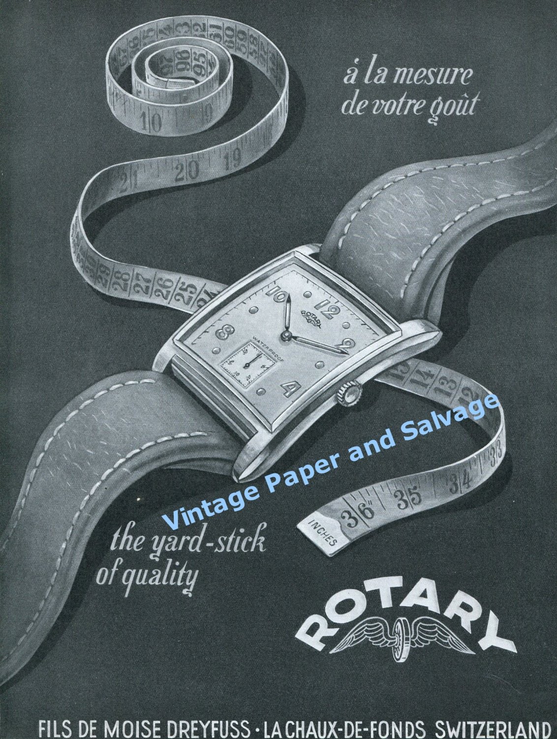 1948 Rotary Watch Company Switzerland The Yard Stick of Quality Swiss Print Ad