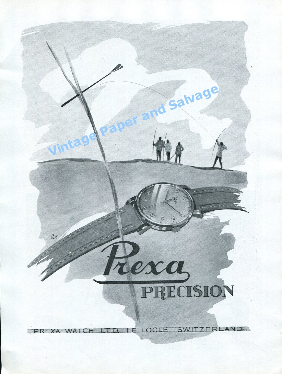 1948 Prexa Watch Company Archery Precision Bow + Arrow Vintage Swiss Print Ad