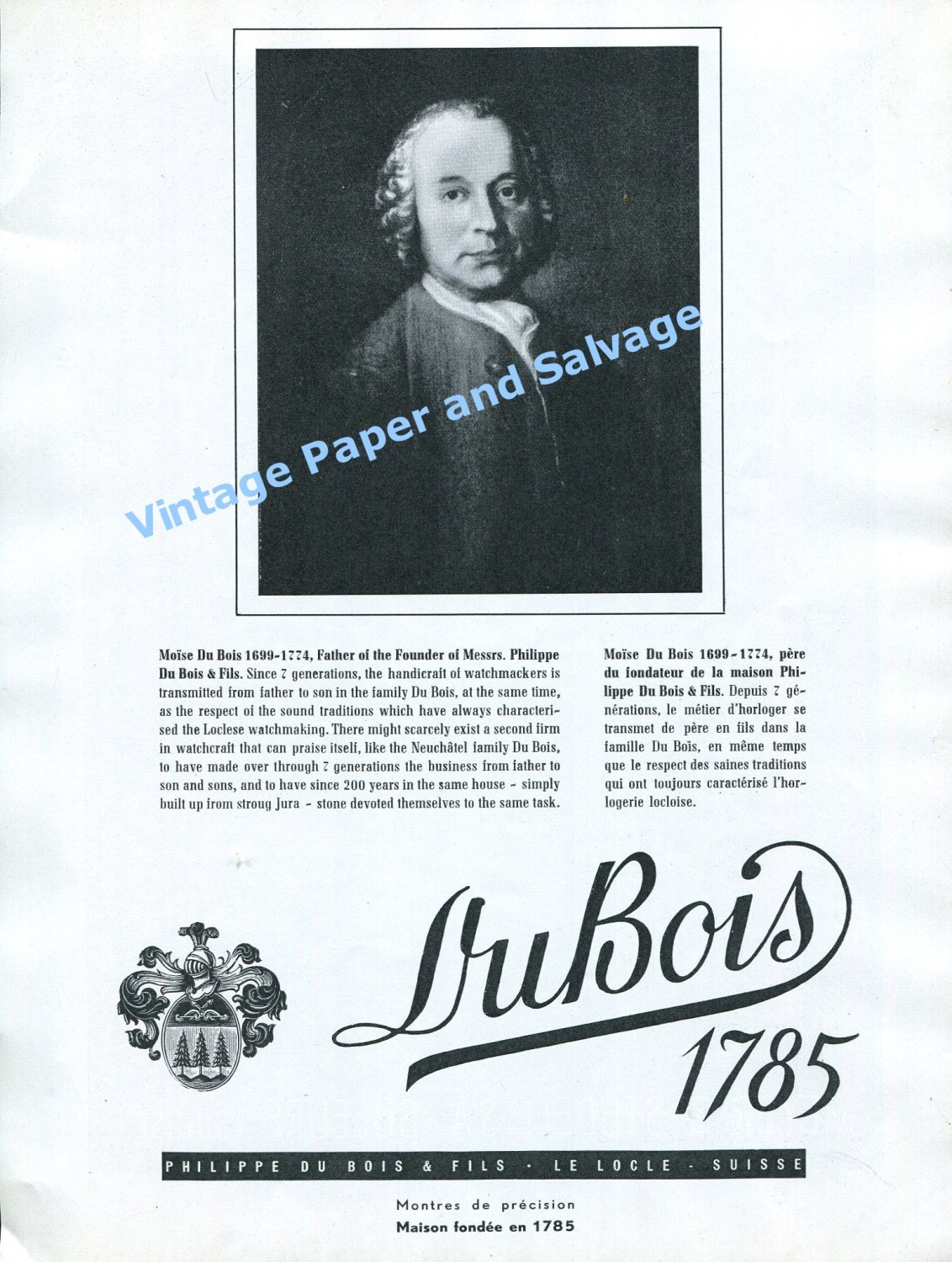 1948 DuBois Watch Company Philippe Du Bois & Fils Switzerland Swiss Print Ad