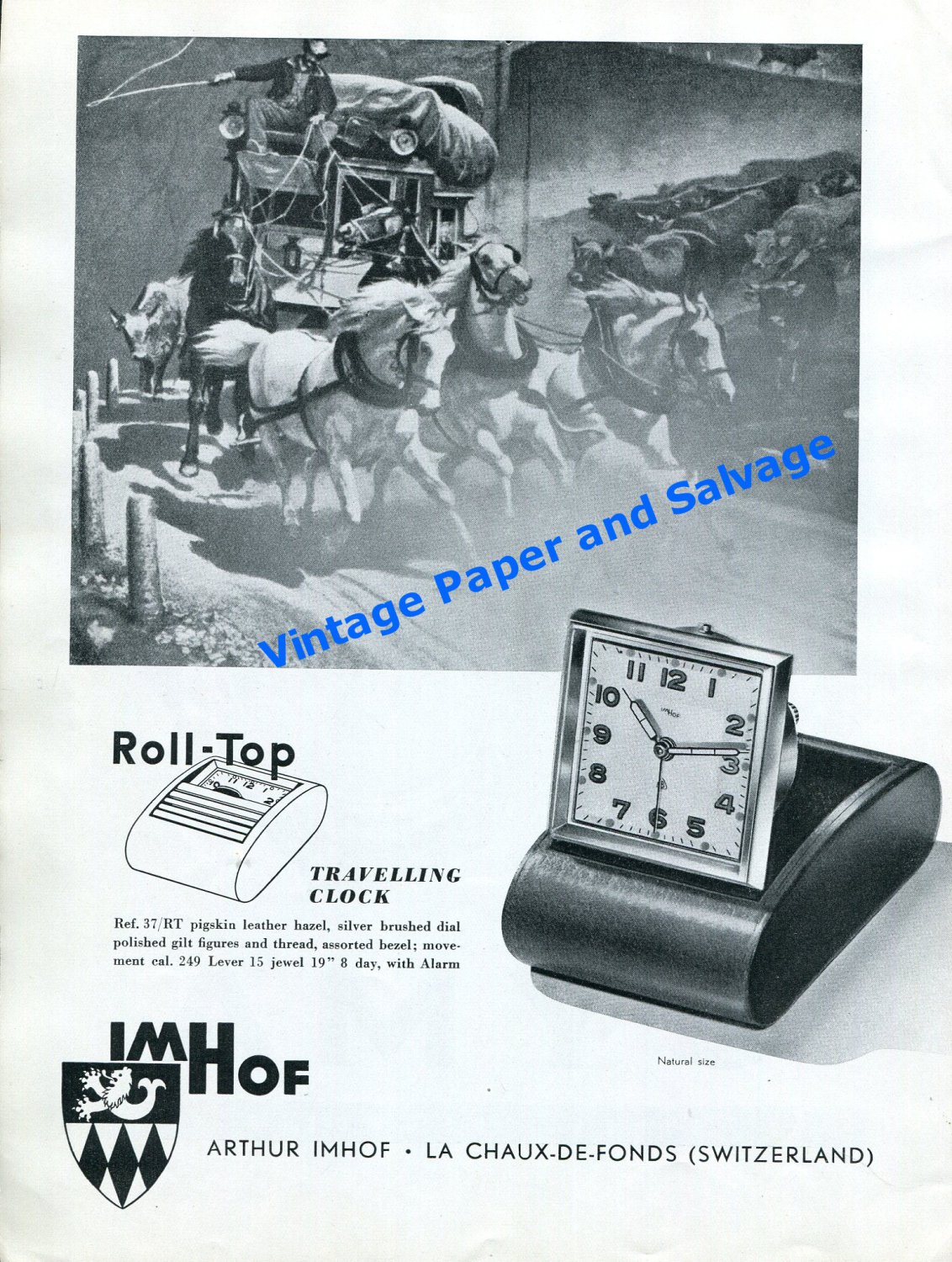 1948 Arthur Imhof Clock Company Roll Top Travelling Clock Advert Swiss Print Ad