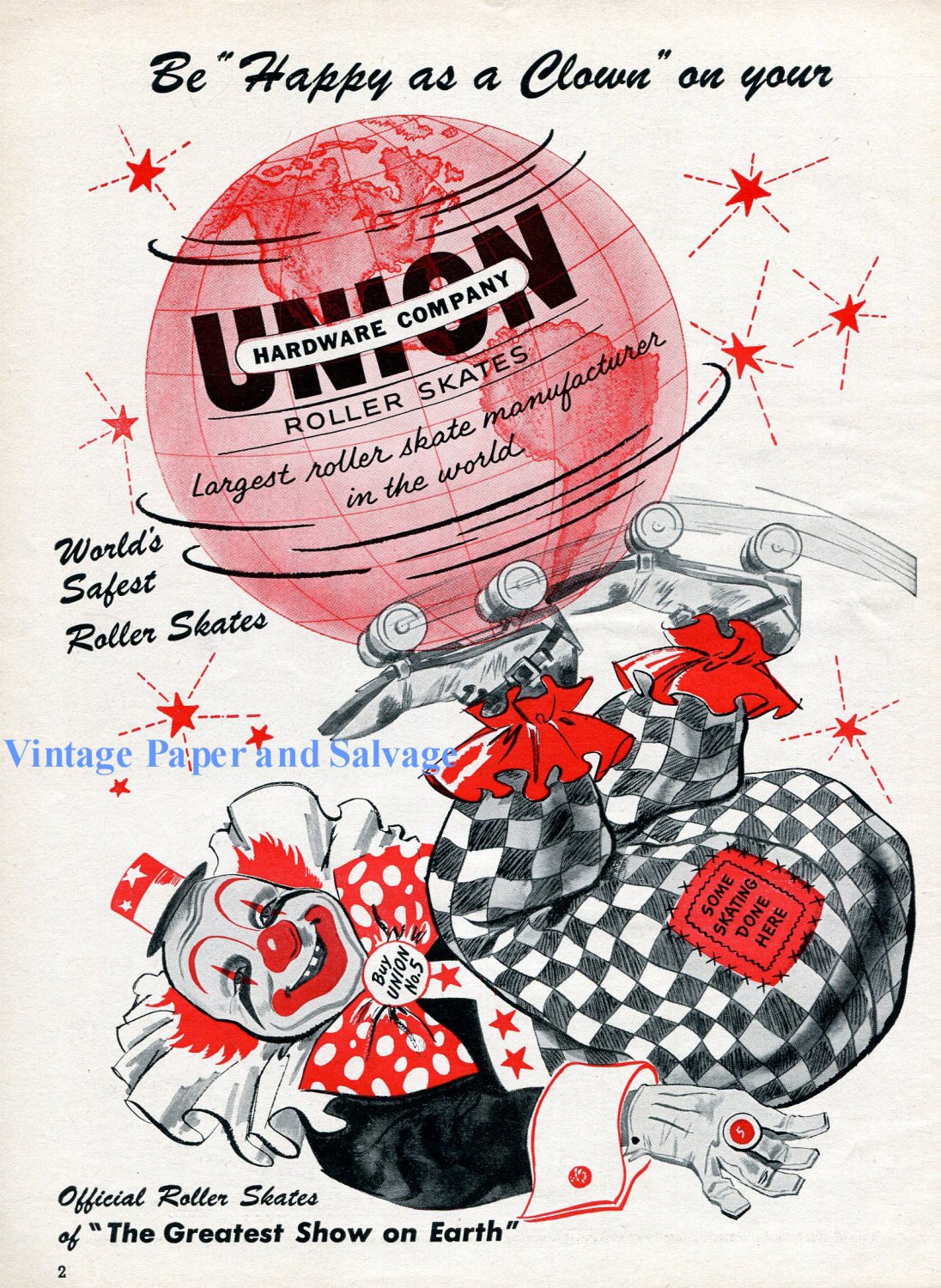 1956 Union Roller Skates Ad Be Happy As A Clown Circus Union Hardware Company 1950s Print Ad Advert